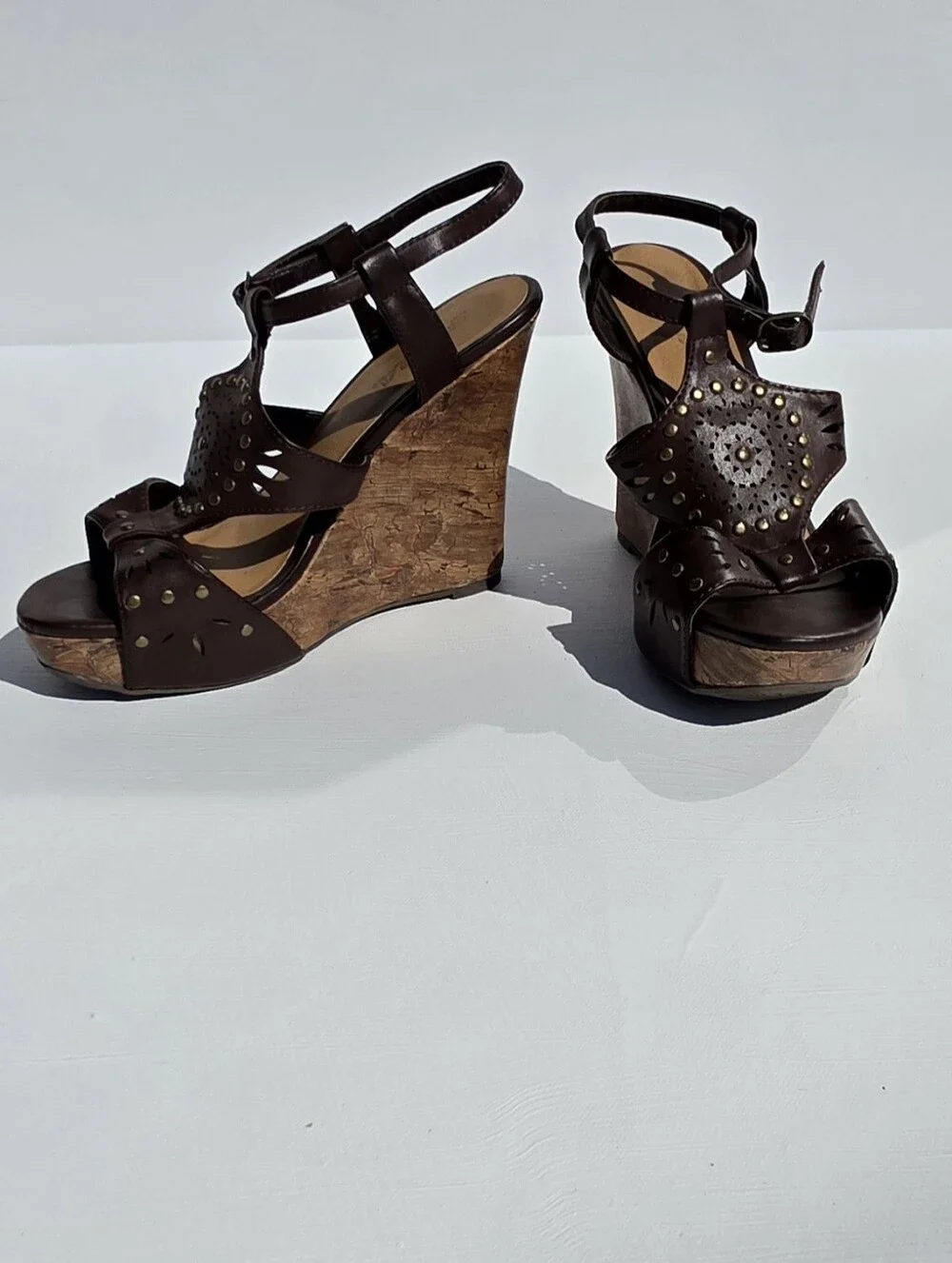 Soda Size 7 Brown Leather-like Wedge Sandals with Stud Detail